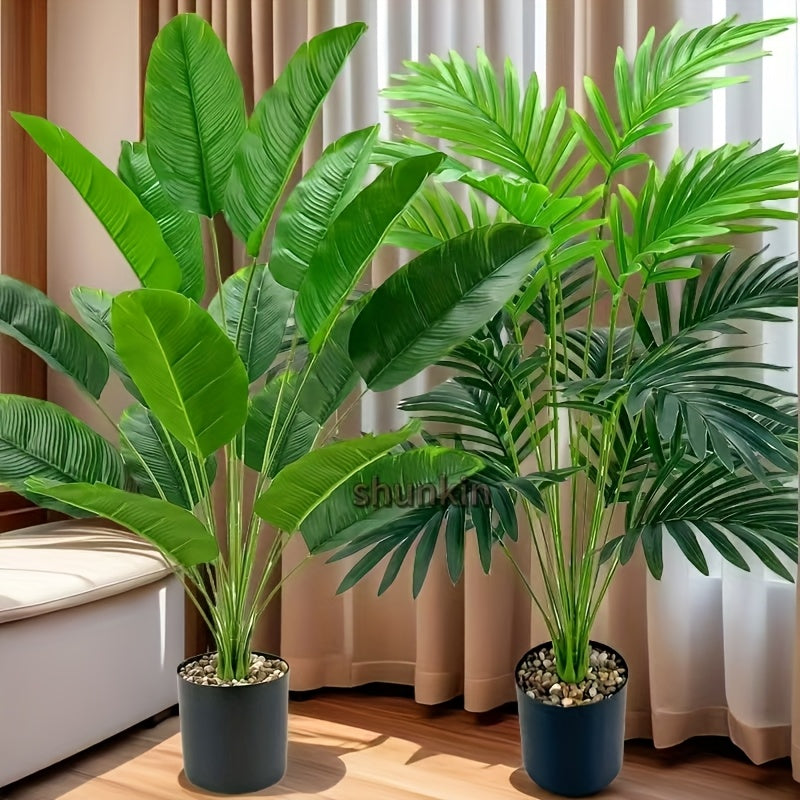 Two premium artificial palm plants, 81.84cm tall with 36 large leaves. UV resistant for home and office decor, indoor/outdoor use. Ideal for weddings and holidays. High-end quality