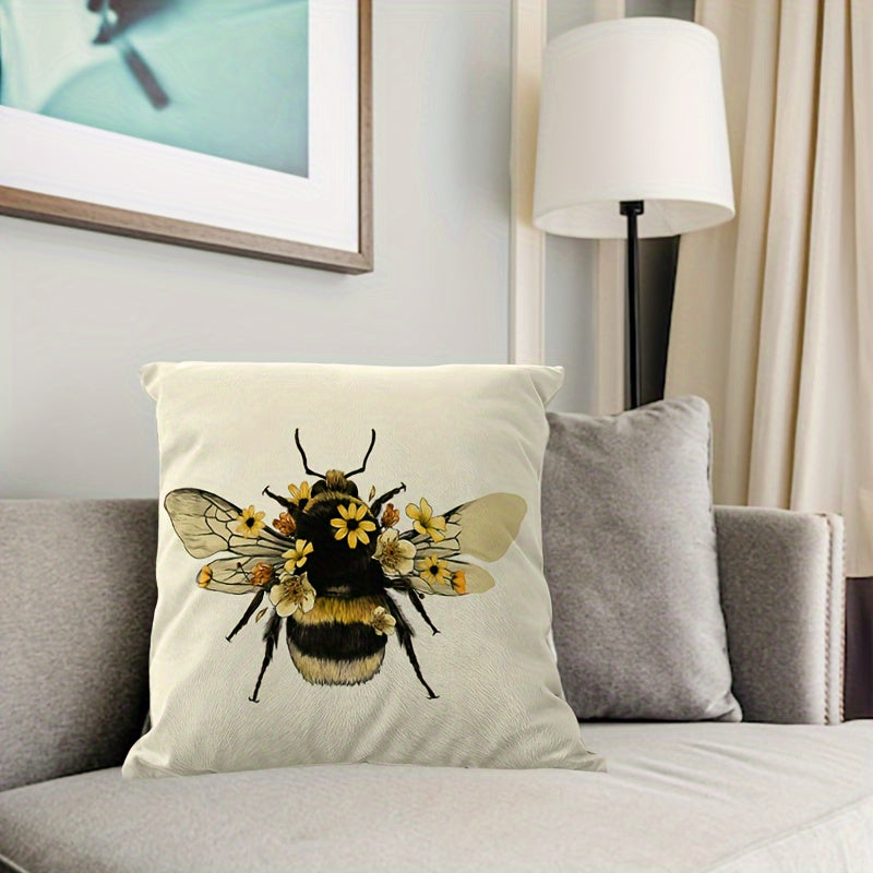 Yellow Floral Bee Throw Pillow Cover measuring 45.72x45.72 cm - Ideal Decorative Cushion Case for Sofa and Bed, Made of Polyester, Insert Not Included