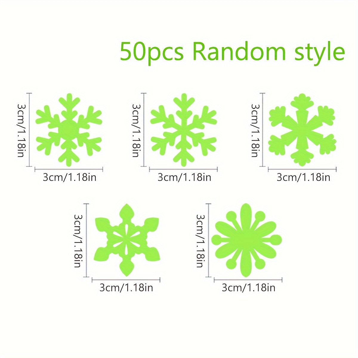 Classic Christmas Snowflake Wall Stickers with 3D glow in the dark effect, static cling plastic window decals in cartoon irregular shape. Single use holiday decor, each snowflake measures 3.0cm x 3.0cm. 50 pieces included.