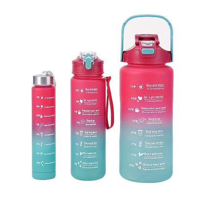 Set of three gradient sports water bottles with time markers, straws, and leak-proof design made of BPA-free PC material. Perfect for various activities and gifting occasions.