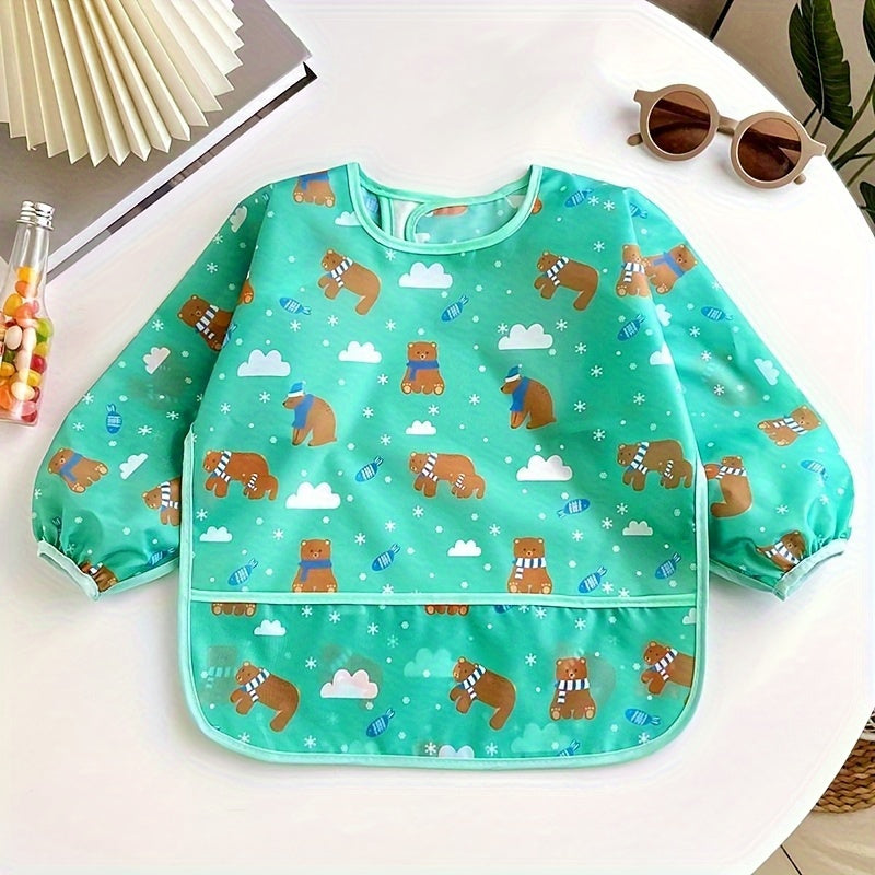 New collection of children's mealtime clothing featuring anti-stain, waterproof, and cartoon printed designs for boys and girls.