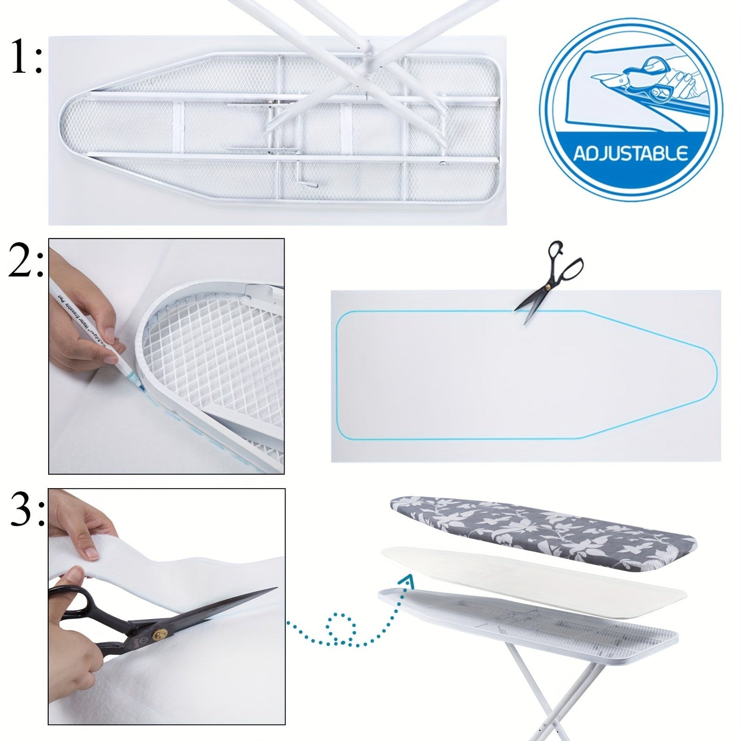 The Ironing Board Felt Pad is long-lasting and does not require electricity. It is reusable and features a thickened, anti-scratch protective cover that is easy to clean. Please note, boards are not included.