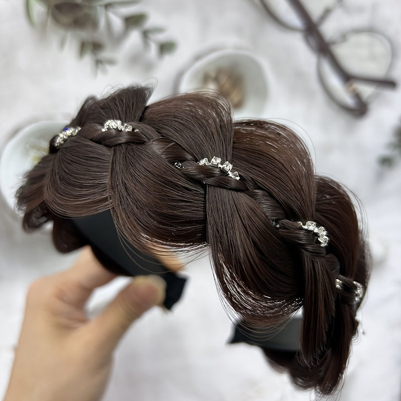 Women's rhinestone fishbone braided headband with non-slip design, elevating style, and trendy hair accessory.