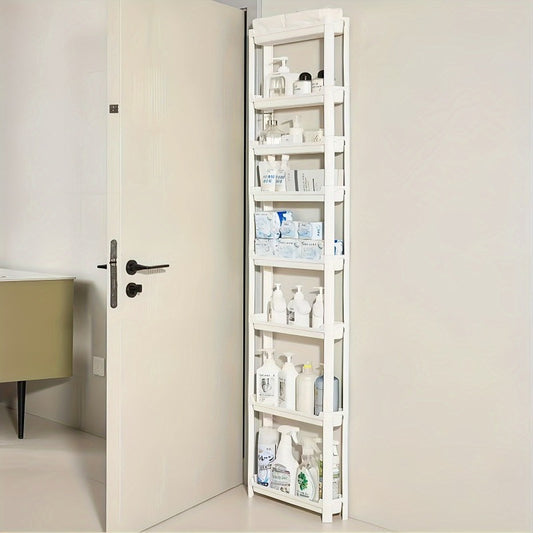 Ultra-thin multi-layer storage cabinet with wheels, perfect for narrow spaces in bathrooms, kitchens, or offices - available in 3 or 8 layers, made of plastic to save space.