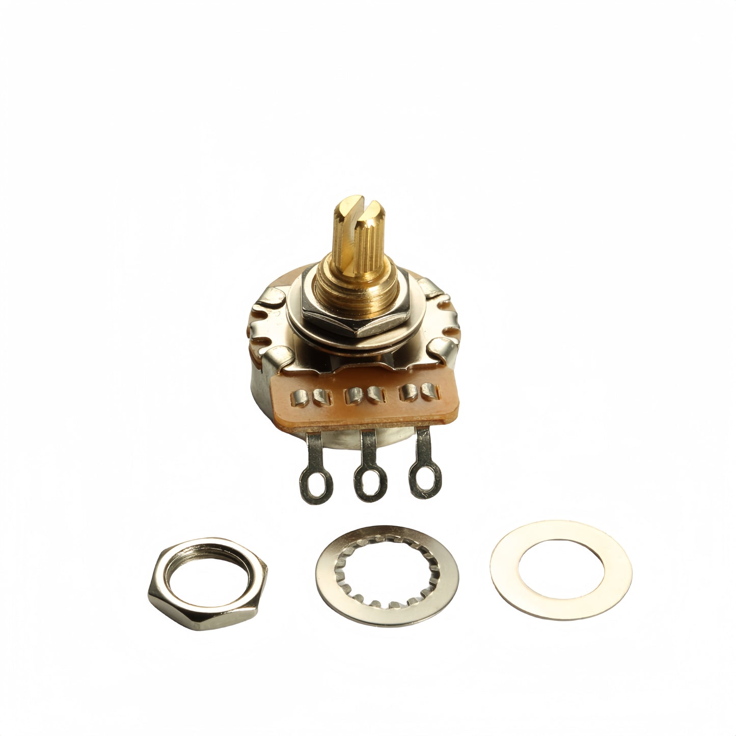 Two Brass Guitar Potentiometers - 3/8" Short Shaft, 15.5mm, 250k/500k Options for Electric & Bass Guitars, Low Noise, Smooth Performance, 24-tooth Copper Bass