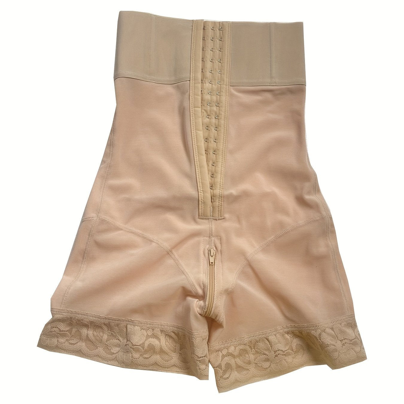 Buckle high waist shapewear with lace edges and leg shorts for belly and hip lift.