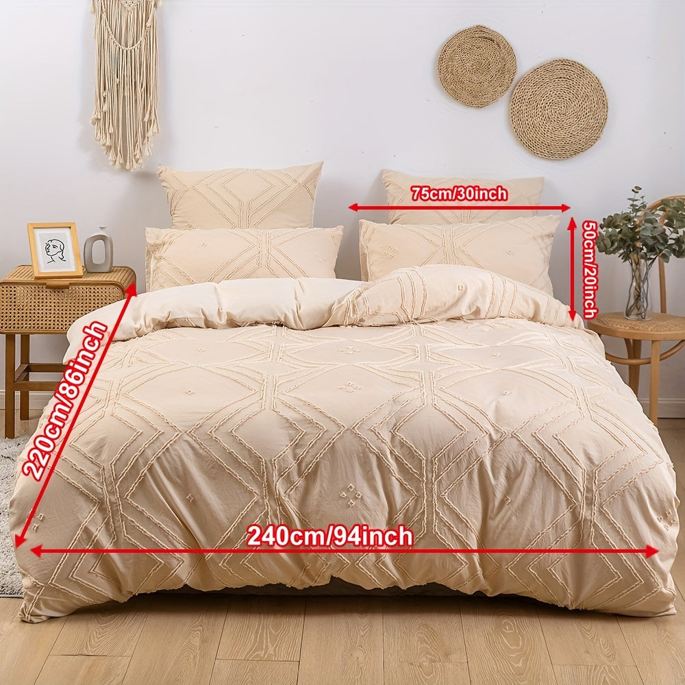 Boho Tufted Duvet Cover Set 1 ta Duvet Cover va 1 yoki 2 ta Yostiq qopqog'ini o'z ichiga oladi (Yadro kiritilmagan). Geometrik Tekstura dizayni va Zipper yopilishi bilan ta'minlangan, bu Yumshoq va Yengil to'shak to'plami barcha fasllar uchun mukammaldir.