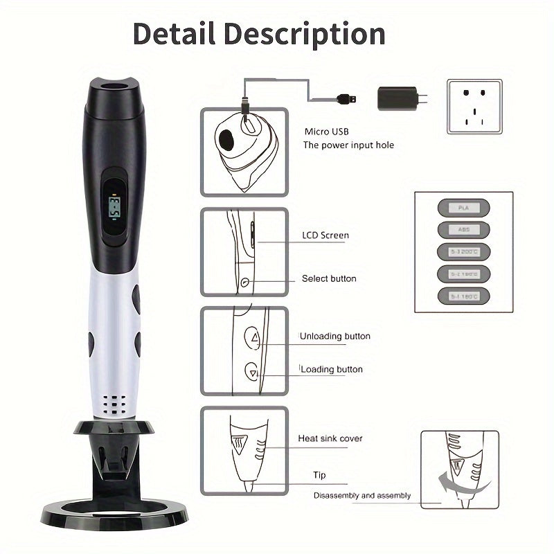 SETOOKJ 3D Printing Pen Kit - USB Powered with 12 Colors PLA Filament, Stencil Guide, User Manual; No Battery Needed