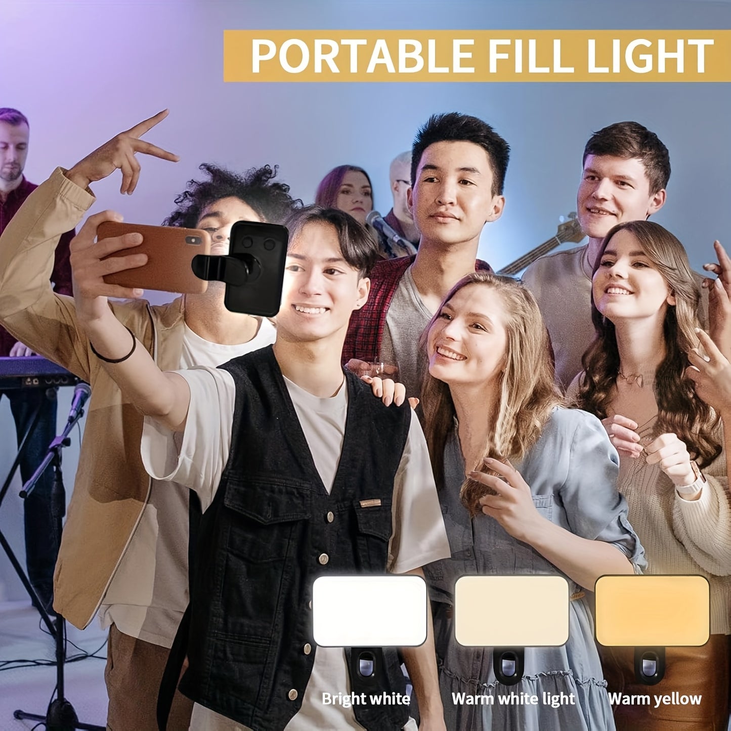 Portable, rechargeable LED ring light with 3 light modes, USB and battery powered. Compatible with various devices including iPhone and Samsung models. Ideal for phone, camera, video, Zoom