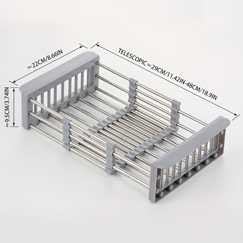 Adjustable Stainless Steel Kitchen Sink Rack with Retractable Dish Drainer, Safe for Food Use, Comes in Large and Small Sizes.