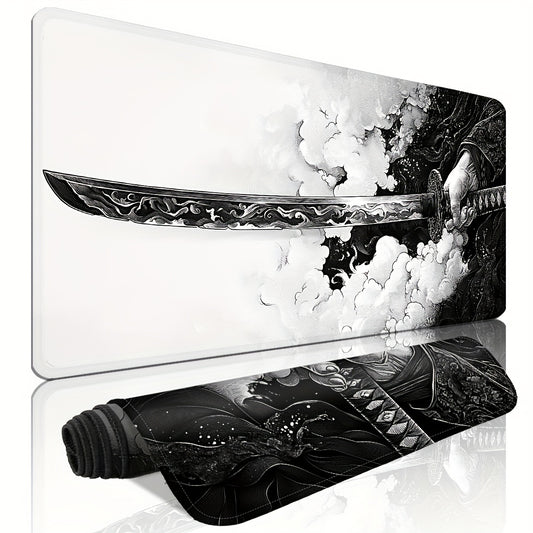 "Extra large Samurai sword gaming mouse pad, durable non-slip desk mat with precision stitched edges. Ideal for home office, gaming room, and study. Washable polyester fiber in black and