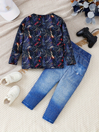 Boys' Lion Print Long Sleeve Top & Faux Denim Pants Set - Casual, Machine Washable, Stretch Fabric, Perfect for Fall/Winter Outdoor Wear