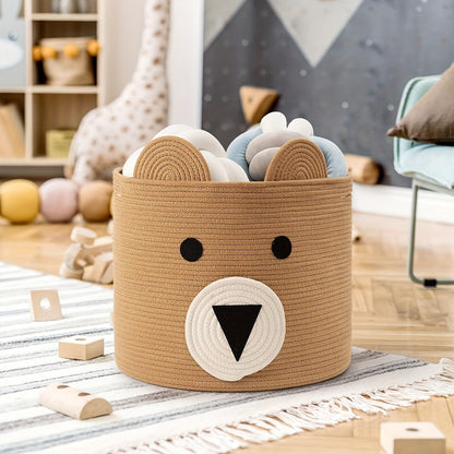 Durable Large Bear-Face Woven Toy Basket in Neutral Brown - Perfect for Clothes & Toy Storage in Nursery and Living Room