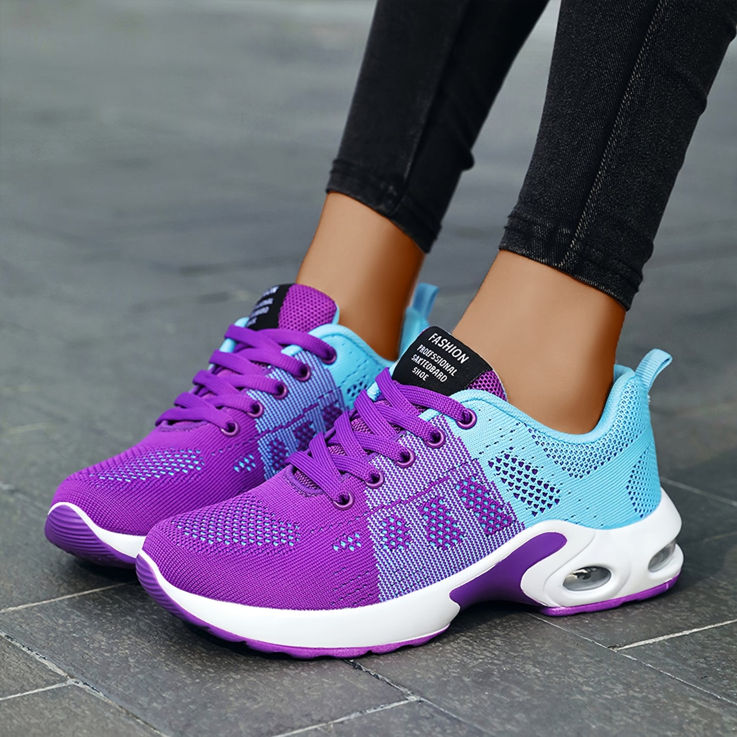 Women's lightweight black knit running shoes with air cushion and mesh upper for all-day comfort and casual wear.