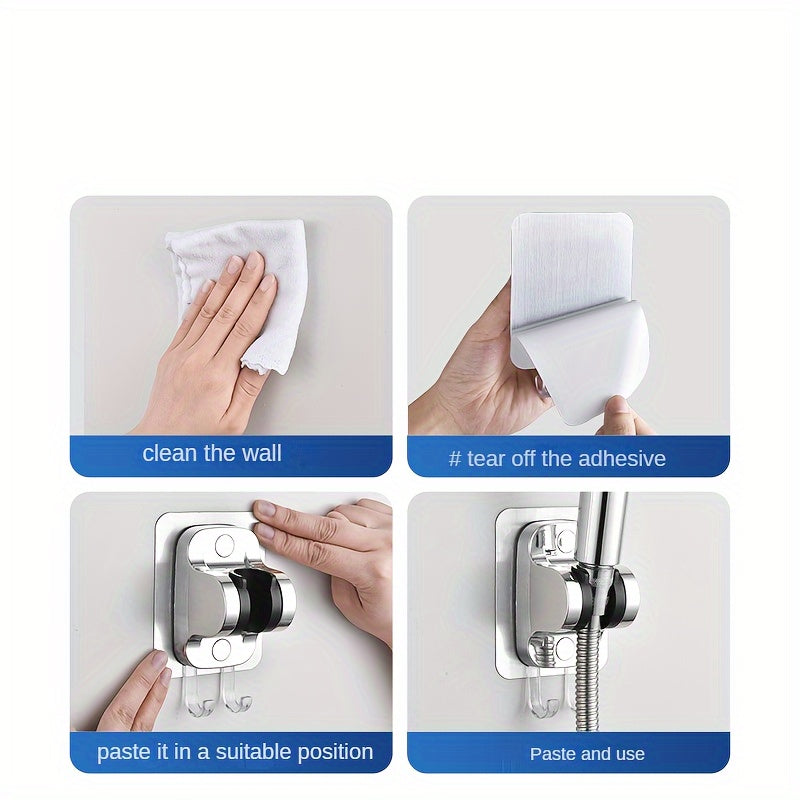 Simple installation shower head holder set with chrome finish and adjustable base. Includes flexible handheld spray head, ideal for modern bathrooms. No drilling required.