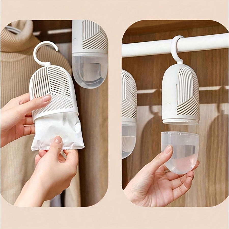 Hangable wardrobe dehumidifier made of reusable ABS plastic with long-lasting humidity control. Mold and moisture resistant, no electricity needed. Compact and convenient for closet moisture control.