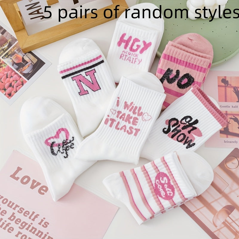 5 pairs of pink letter socks for women, calf-length stockings perfect for spring and summer.