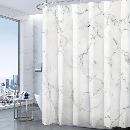 1pc Marble Pattern Shower Curtain in Light Grey Striped White, Waterproof with Plastic Hooks. Machine washable, suitable for home and hotel bathrooms.