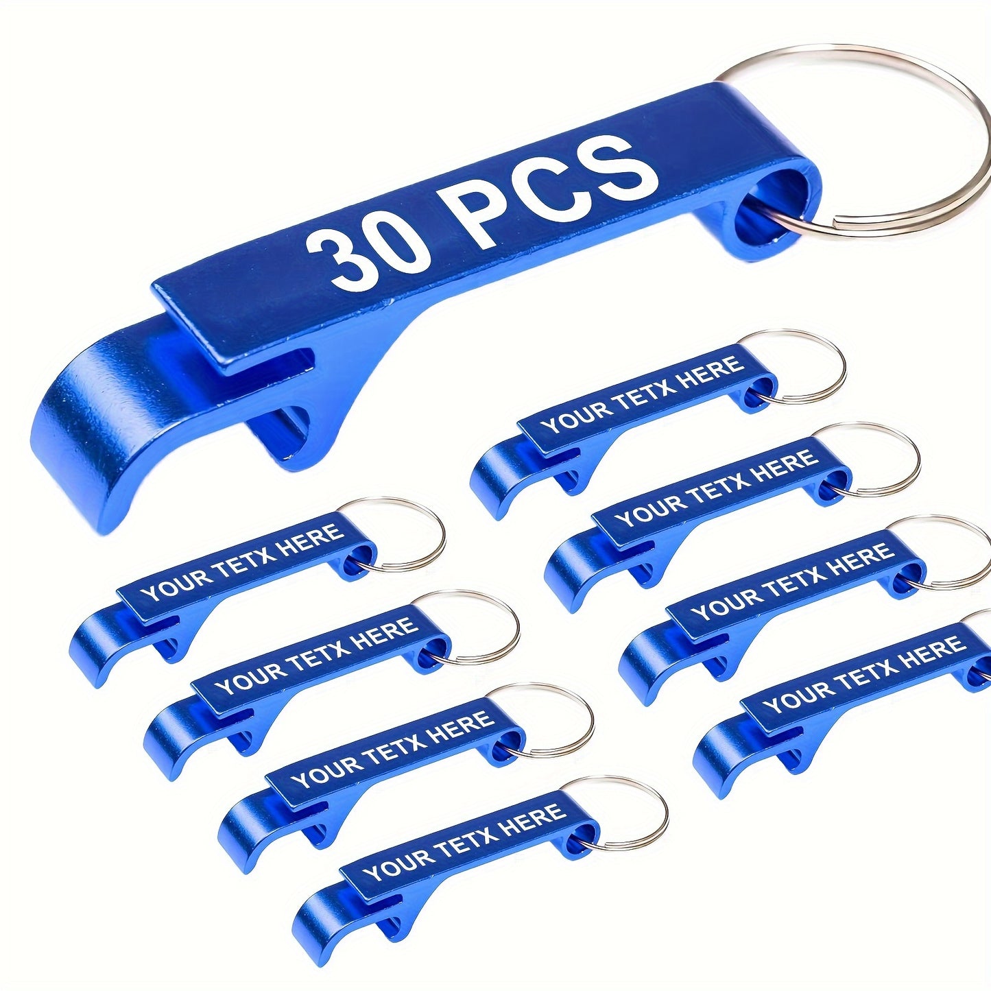 30 personalized keychain bottle openers, ideal for weddings and promotions, durable and lightweight, no power needed.