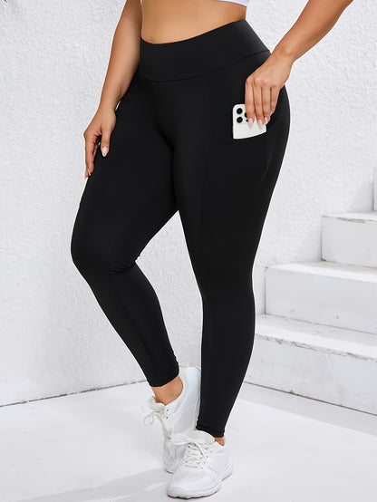 Stylish plus-size leggings with side pockets, made of stretch polyester and elastane blend, solid color, machine washable - perfect for all seasons.