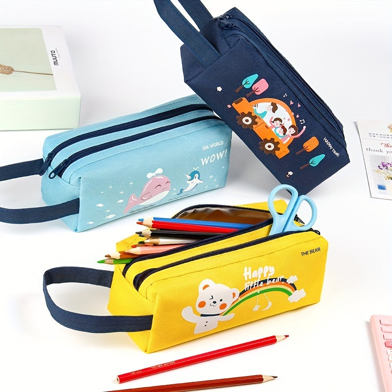 Space astronaut pencil case with cartoon animal design, double-layer canvas storage bag for school supplies.