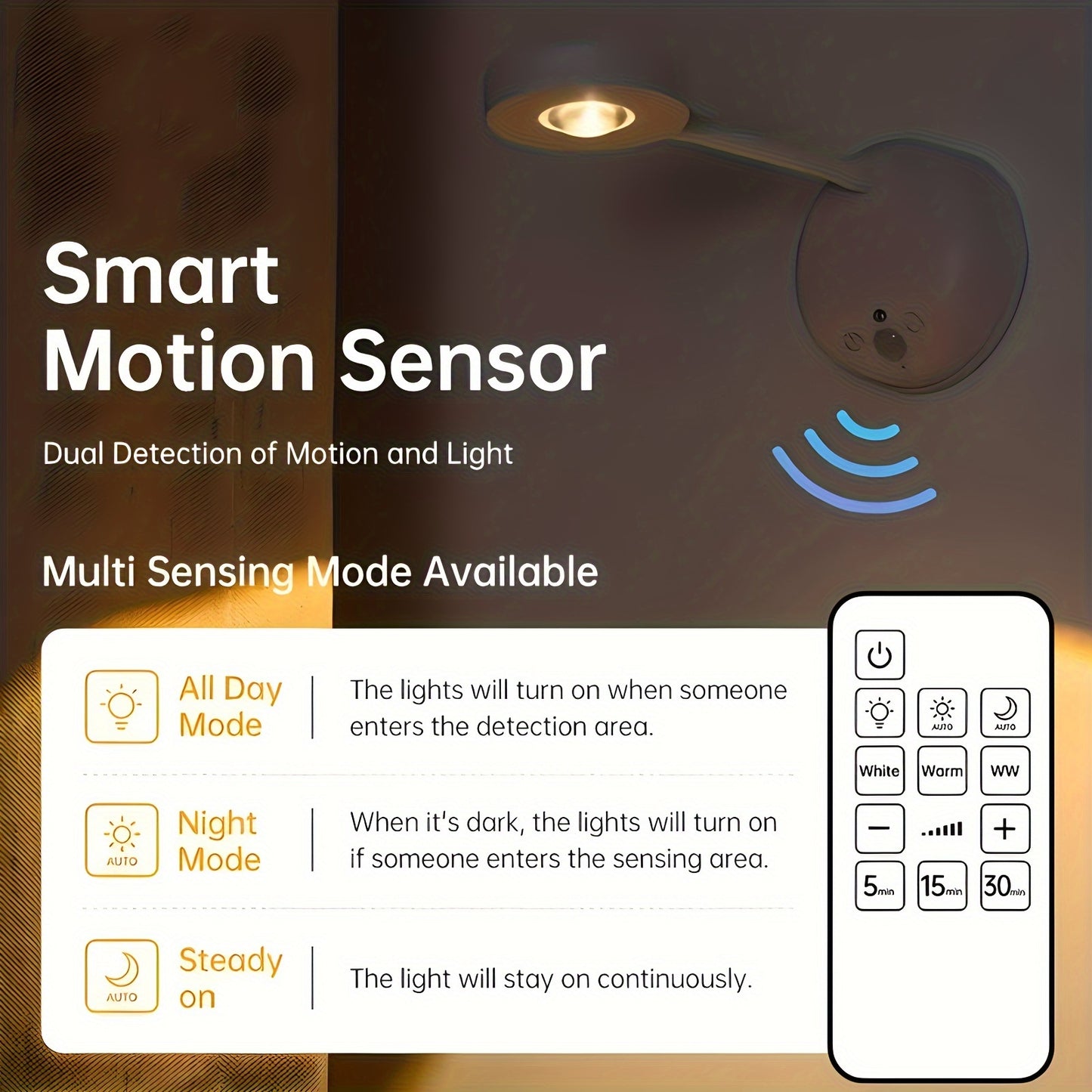 Rechargeable motion sensor LED wall lamp with remote control. Adjustable light. Easy installation, suitable for stairs, corridors, living room, and bedroom.