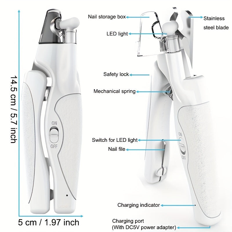 LED pet nail clippers with USB charging and file, anti-splash.