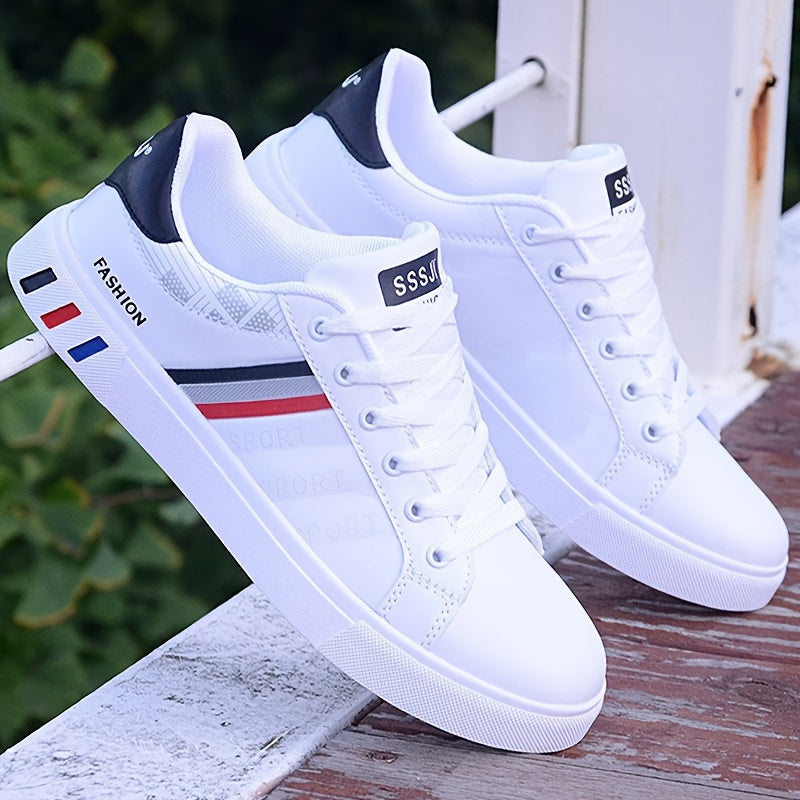 Men's casual sports style sneakers with solid & striped patterns, low top lace-up design, durable PU upper, fabric inner, PVC sole, and cloth insole for daily wear.