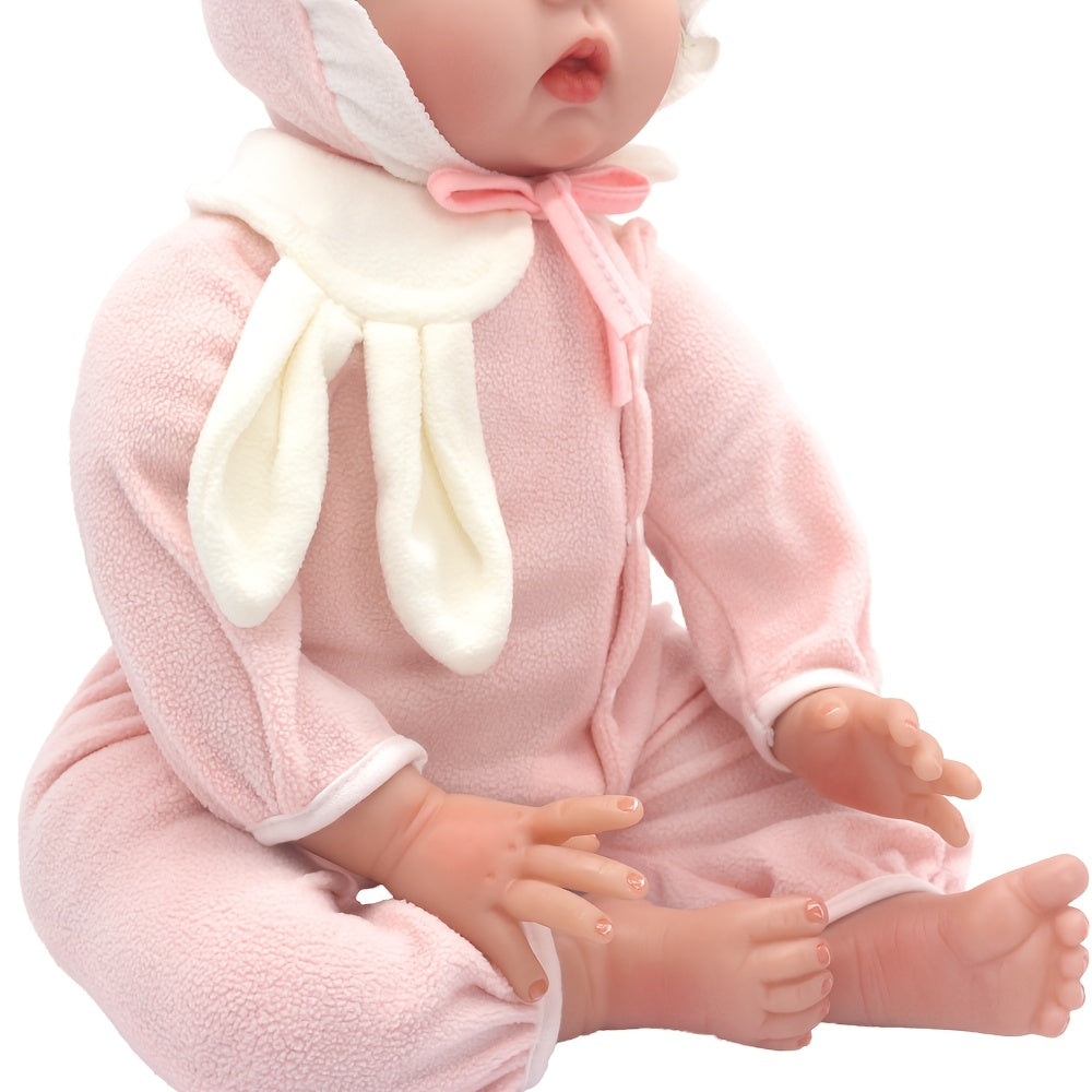 Pink Rabbit Ears Onesie with cap for 22in NPK Silicone Dolls.