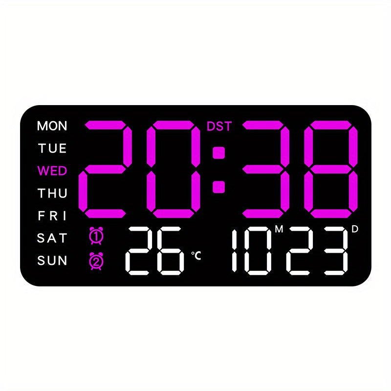 Voice controlled LED wall clock with dual alarms, USB powered, temperature display, adjustable brightness, and sleek black design for home and office.