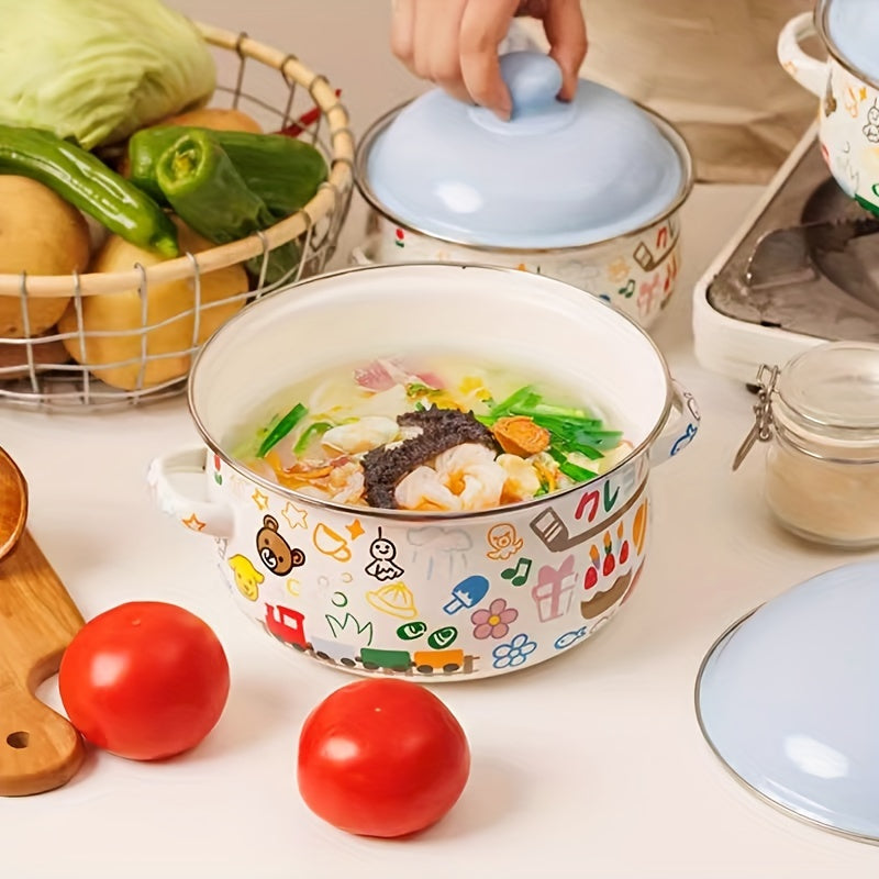 Enamel Pot: This cute cartoon instant noodle pot is a high-value soup pot for your home kitchen. Made from food-grade enamel porcelain, this double-ear pot is perfect for all your cooking needs.