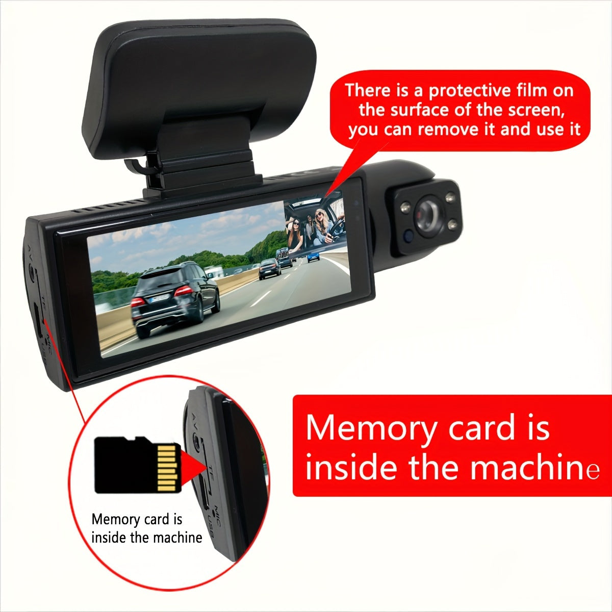 3.16-inch IPS screen dual-recording A9 driving recorder with 64G memory card captures front and interior views.