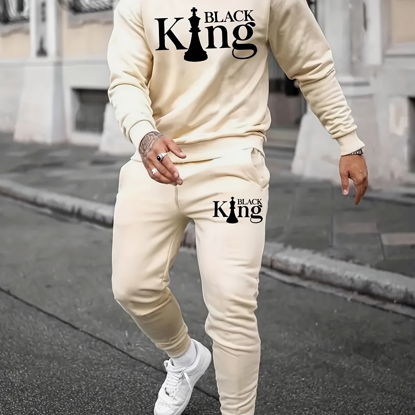 Men's 2-piece "K" print athletic set includes long sleeve crewneck top and compression waist joggers, perfect for casual home wear or autumn running. Made of polyester, this set is ideal