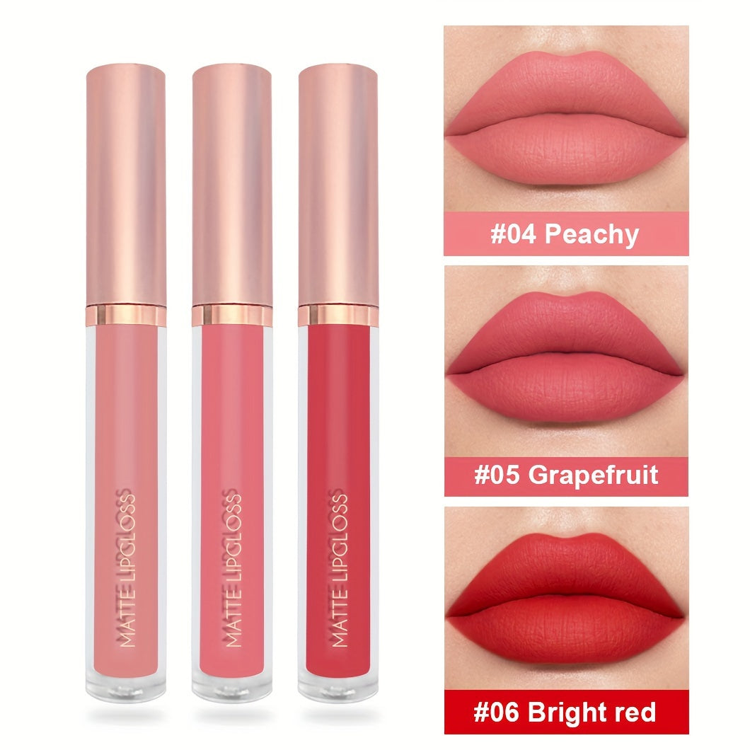 3-piece matte lipstick lip gloss set, waterproof and non-stick cup. Matte velvety finish, long-lasting and fade-resistant. Perfect for Valentine's Day or Mother's Day gifts for women.