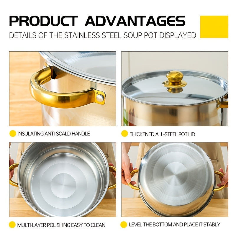 Set of 10 Stainless Steel Soup Pots with Gold-Plated Double Handles, Long-Lasting Cookware Finish, Must-Have Kitchen Items