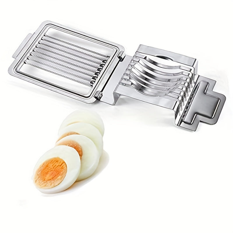 1 piece of egg slicer with stainless steel blades for slicing hard boiled eggs, fruits and other foods creatively in the kitchen. A versatile tool for cutting eggs and other ingredients in the household.