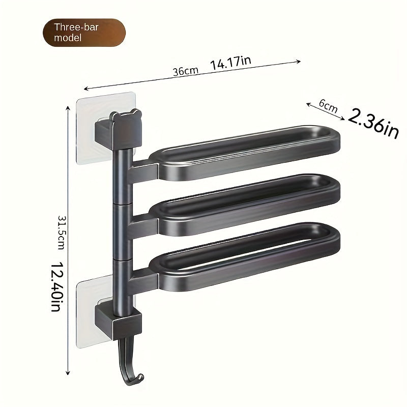 3-bar rotating towel rack - wall mounted, no-drill installation, ABS plastic, waterproof and rustproof, modern style for bathroom storage.