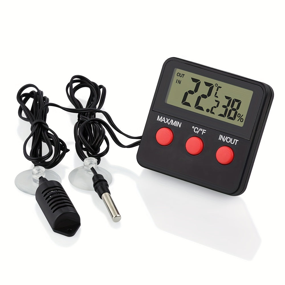 LCD display digital incubator thermohygrometer for hatching eggs equipped with a battery-powered plastic sensor. Includes outdoor pet temperature and humidity probe. Battery not included.