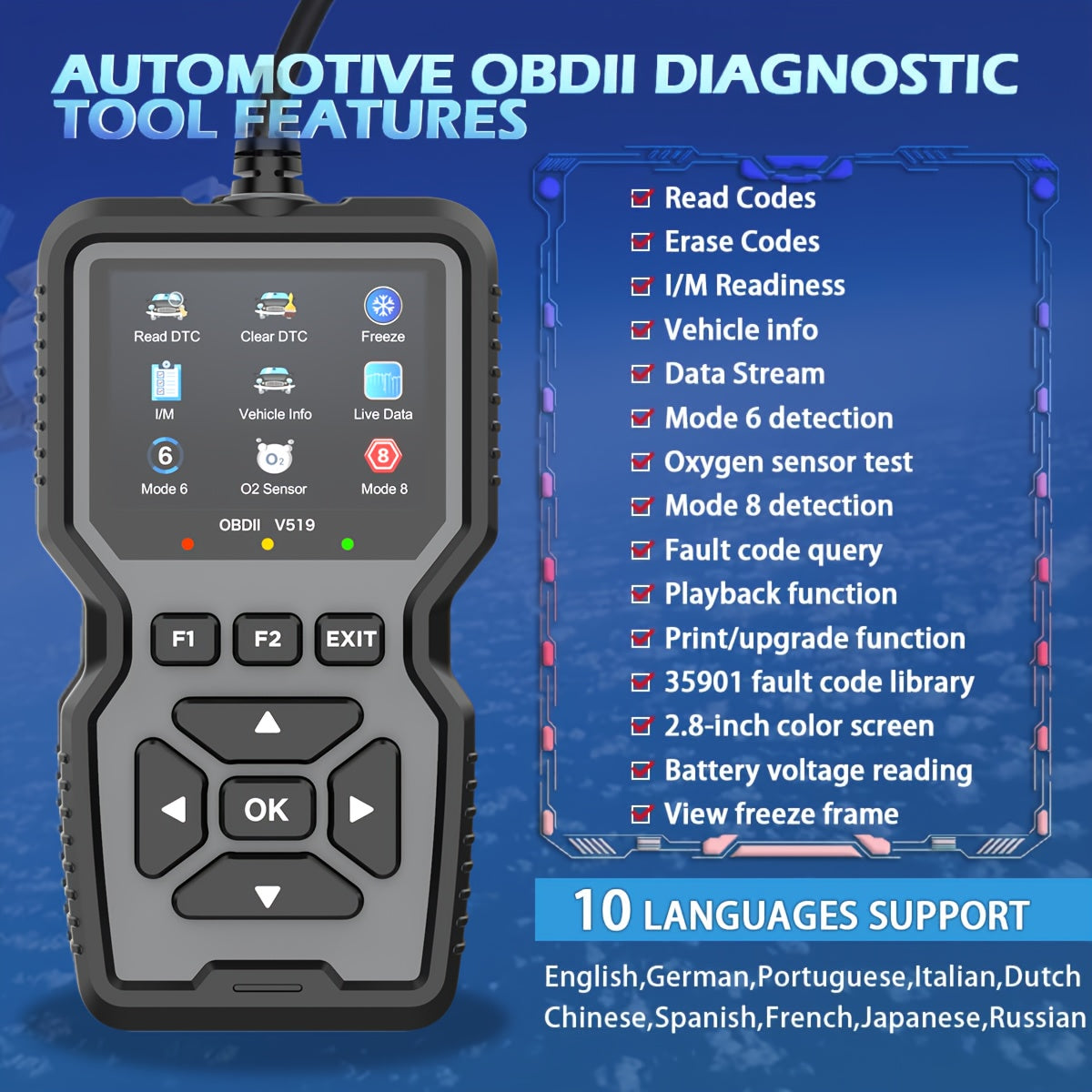 Professional OBD2 diagnostic scanner tool for cars since 1996, USB powered, with engine fault detector, code reader, battery tester, and code eraser. Supports 10 languages and all OBD II