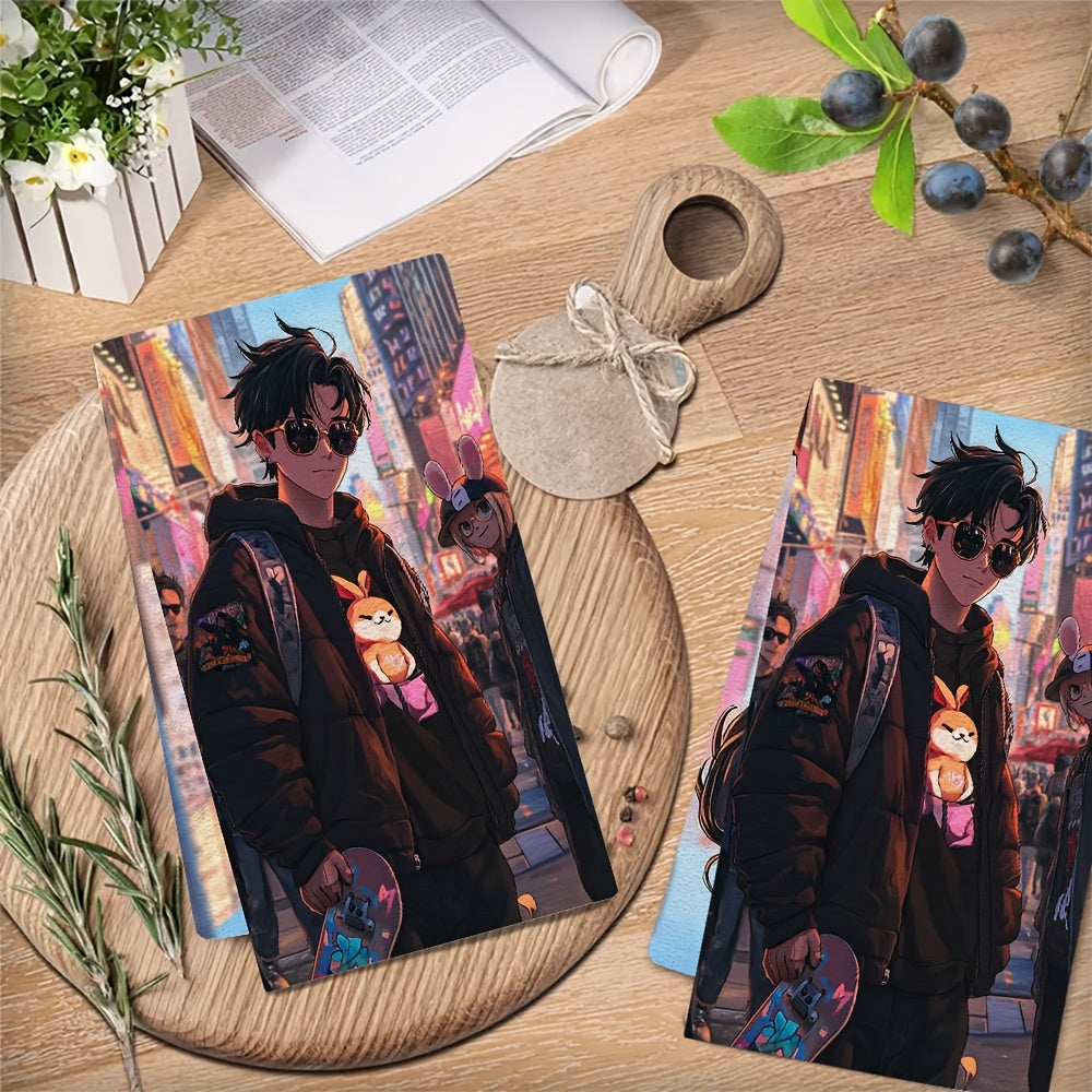 Set of 2 Ultra Soft Kitchen Towels featuring a stylish Anime Boy skateboarding through the city with his friends. Highly absorbent and perfect for holiday decor, these machine washable hand towels are 16x24 inches in size. Code: 2KYSYS1215016