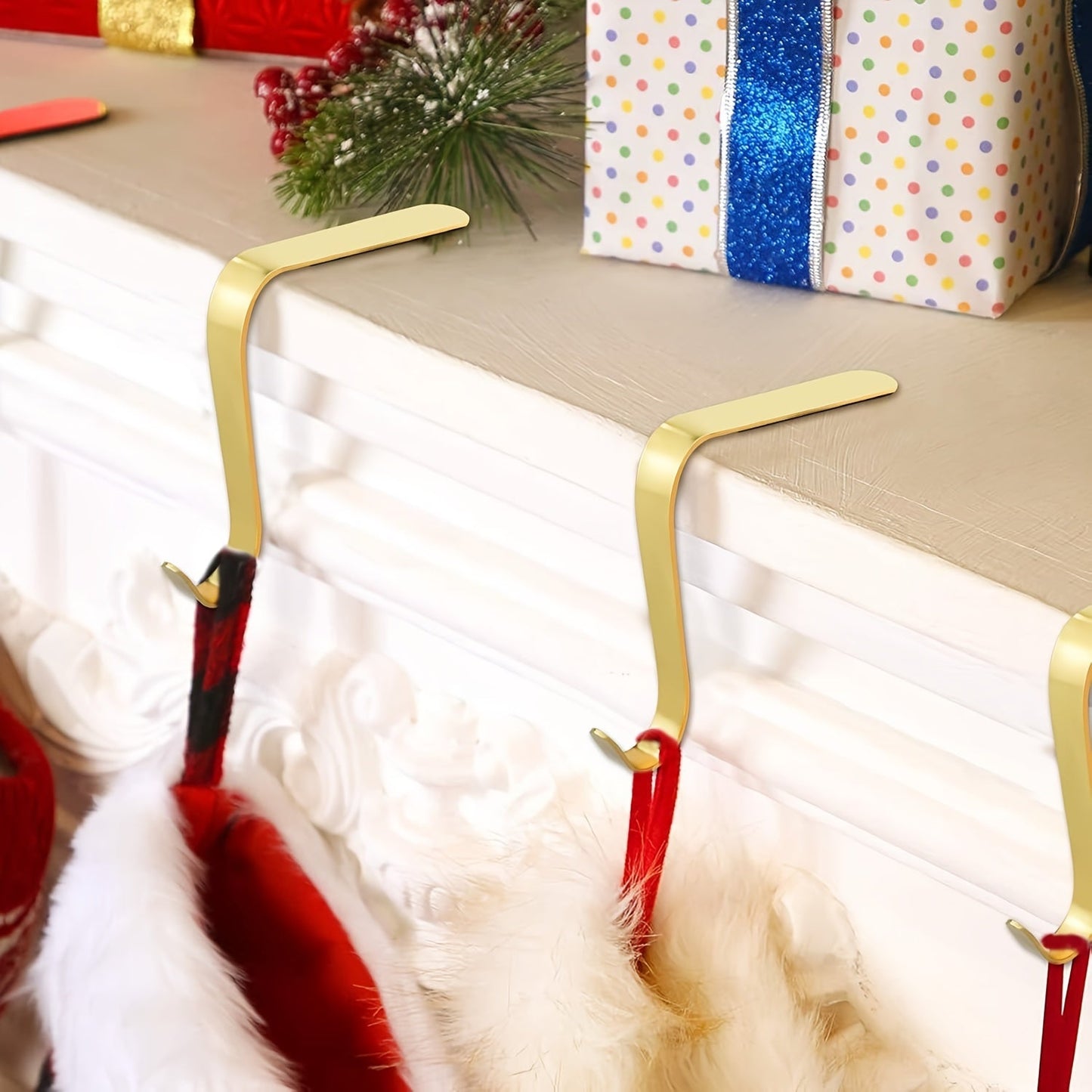 Golden Christmas Stocking Holder made of metal with a long hook, featuring anti-slip design, perfect for hanging stockings on fireplace cover.