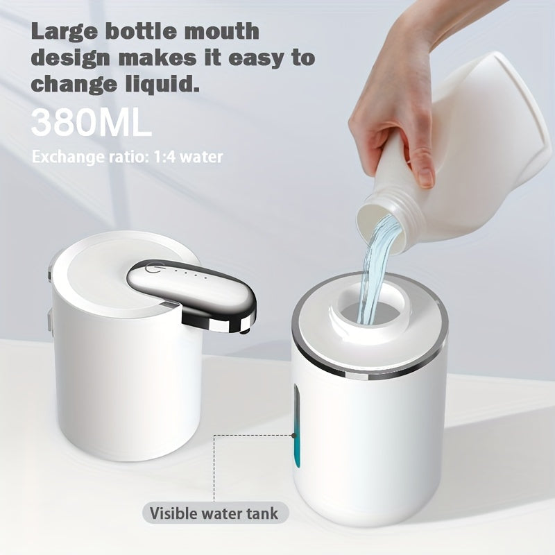 Wall-mounted 380ml Soap Dispenser with USB rechargeable battery offers touchless hand & lotion pump operation. Made of plastic with multi-level foaming press for bathroom use.