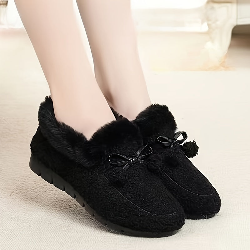 Women's cozy loafers with a solid color design, bow accent, and rubber sole. Made with microfiber upper and lining, flat head for warmth and non-slip comfort. Fashionable and cozy home