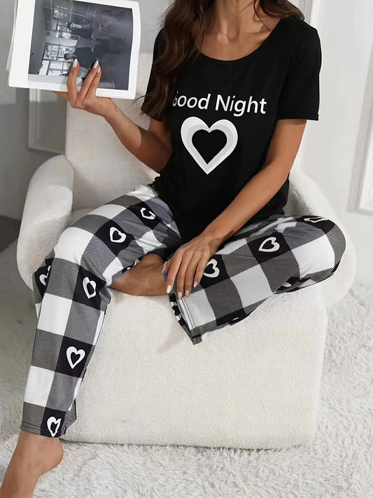 Heart & Slogan Print Pajama Set with Short Round Neck Top and Plaid Pants, Women's Sleepwear