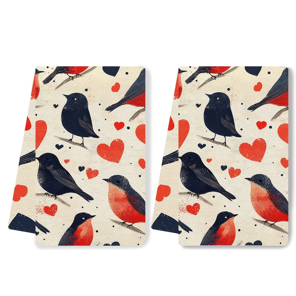 Two ultra-soft kitchen towels decorated with birds symbolizing Valentine's Day. These highly absorbent dish towels are perfect for holiday decor, machine washable, and measure 40.64x60.96 cm.