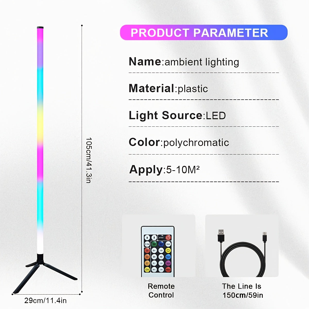 RGB rang o'zgaruvchi LED pol lampasi, musiqa sinxronizatsiyasi, masofadan boshqarish, balandligi sozlanadigan (105 sm) va USB quvvat manbai, raqs zallari, o'yin xonalari, oilaviy yig'ilishlar va bayram sovg'asi uchun mukammal.