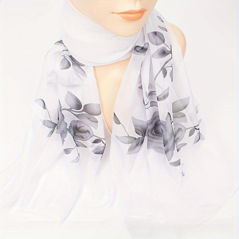 Elegant floral print chiffon scarf, perfect for summer days as a shawl, beach towel, or hair accessory.