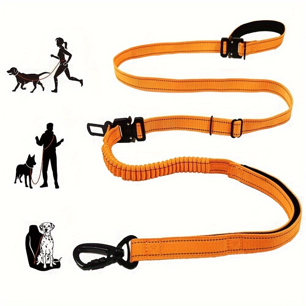 6-in-1 Hands-Free Dog Leash for Medium to Large Dogs - 3.05m, Striped Polyester, Full Metal Fittings, Safety Car Seat Belt, Shock Absorbing Bungee