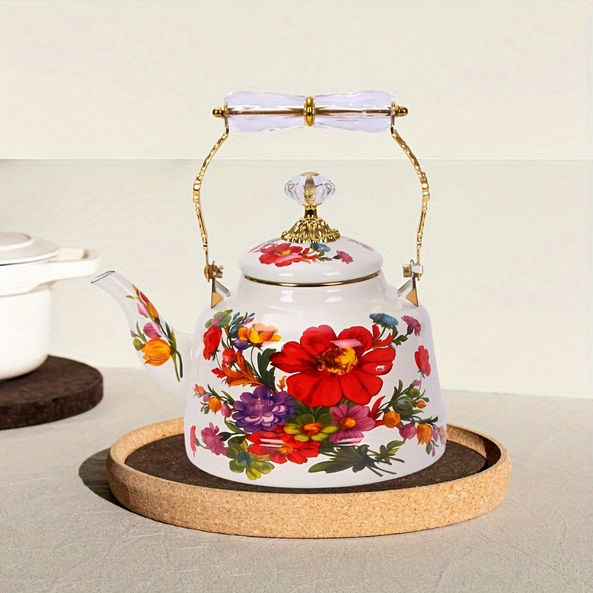 Vintage Floral Design Enamel Tea Kettle with Handle - Large Capacity Stovetop Teapot for Classic Afternoon Tea in the Garden, Handcrafted with Traditional Expertise - Non-Electric