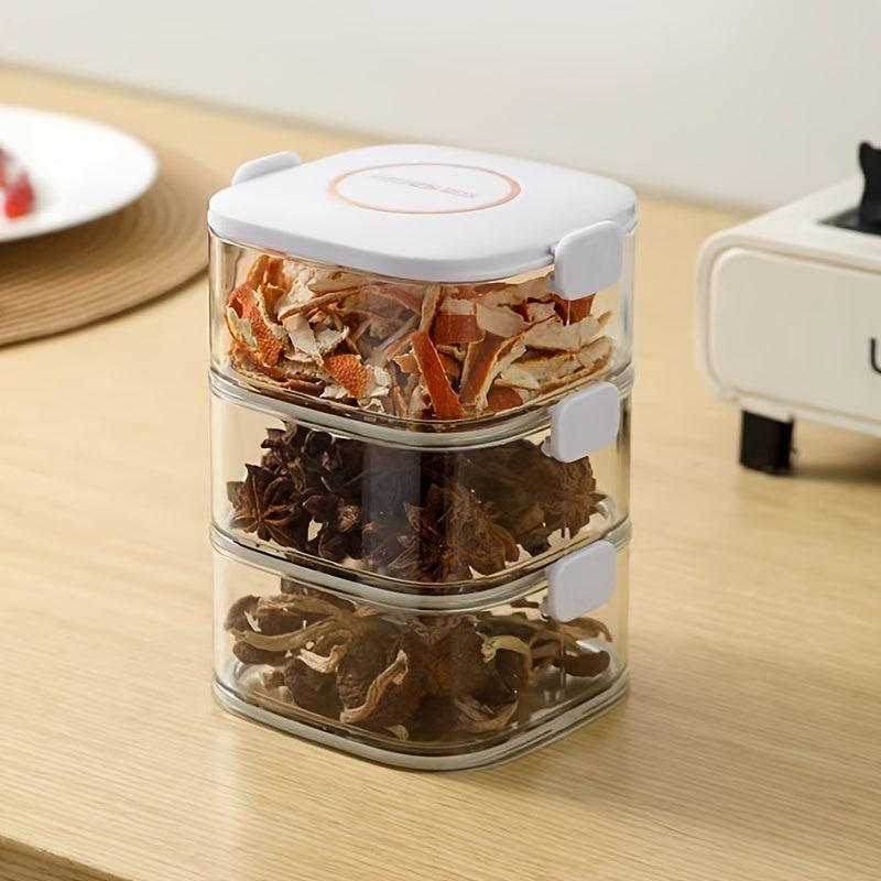 Set of stackable airtight containers with lids made of PET material, BPA-free and safe for storing food. Organize your kitchen with these removable seasoning boxes for spices, herbs, and condiments. Versatile containers for multiple uses.